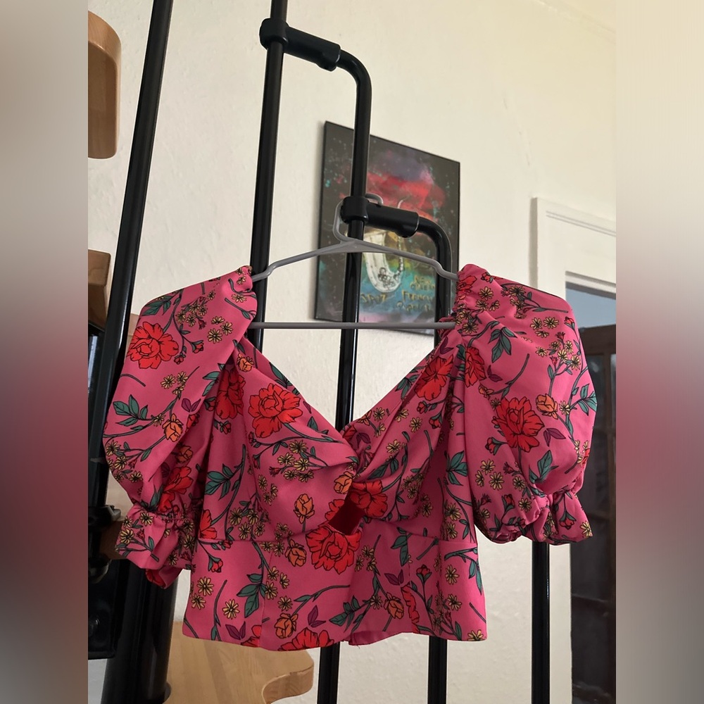 Finders Keepers Pink Floral Puff Sleeve Crop Top